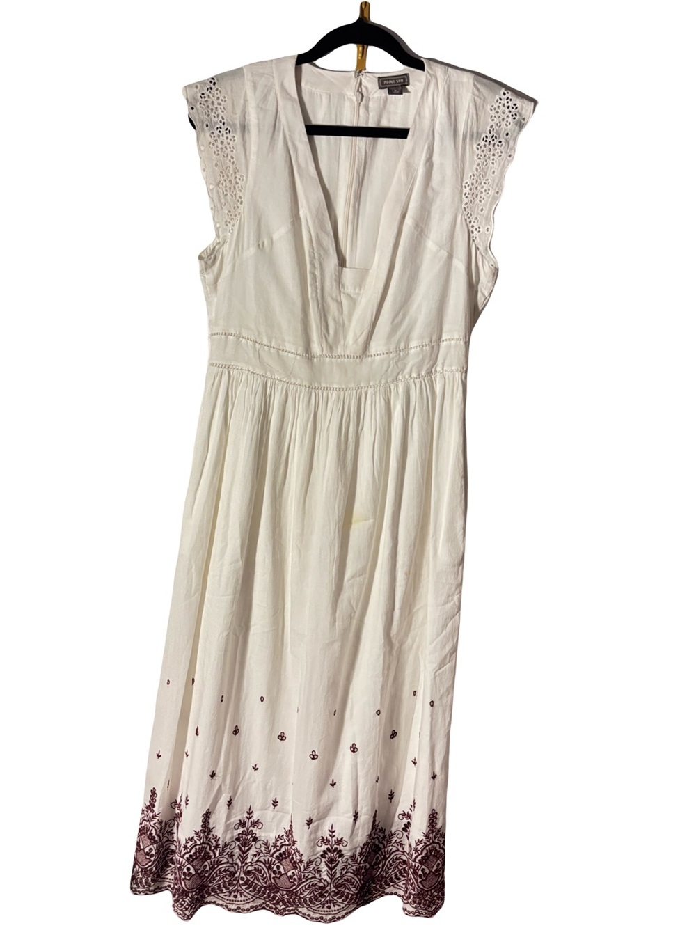 Boho White Maxi Dress with Plum Embroidered Hem